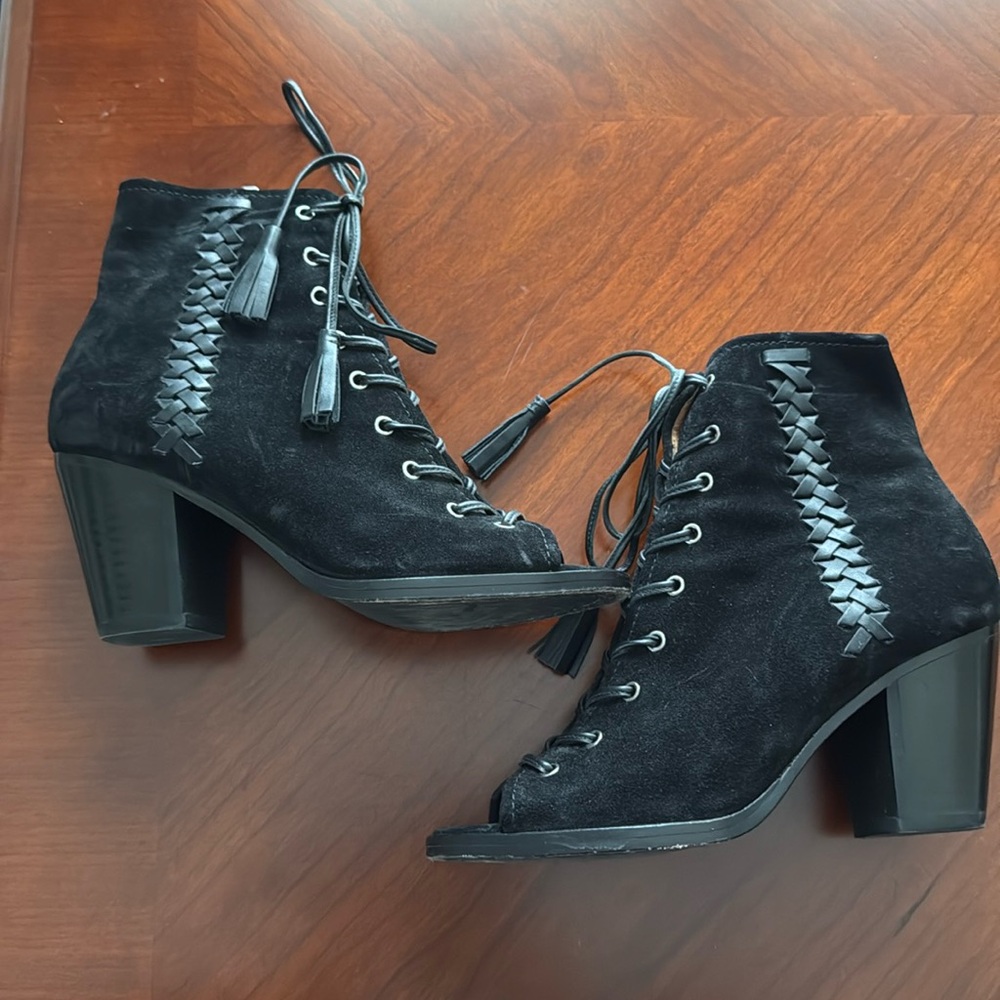 Frye Black Dani Whipstitch Lace Suede Leather Peep Toe Boots Booties Size 6.5